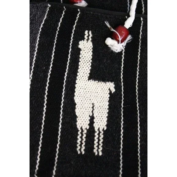 Peruvian Woven Backpack Native Inca Llama Black White Drawstring Pocket Lined